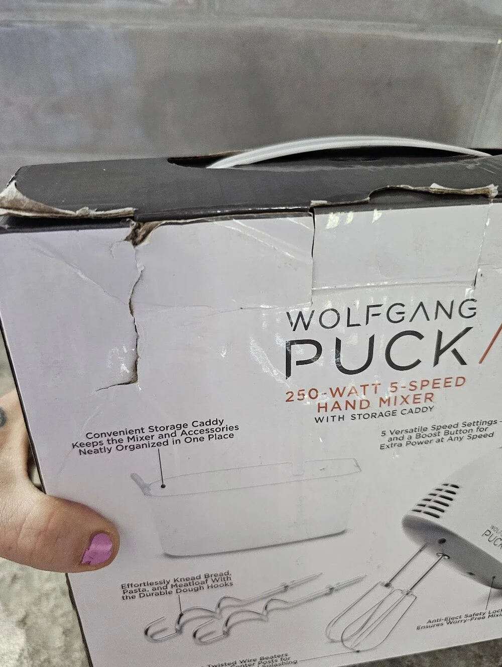 Wolfgang Puck Hand Mixer 250W 5-Speed Beaters & Dough Hooks White Storage Caddy